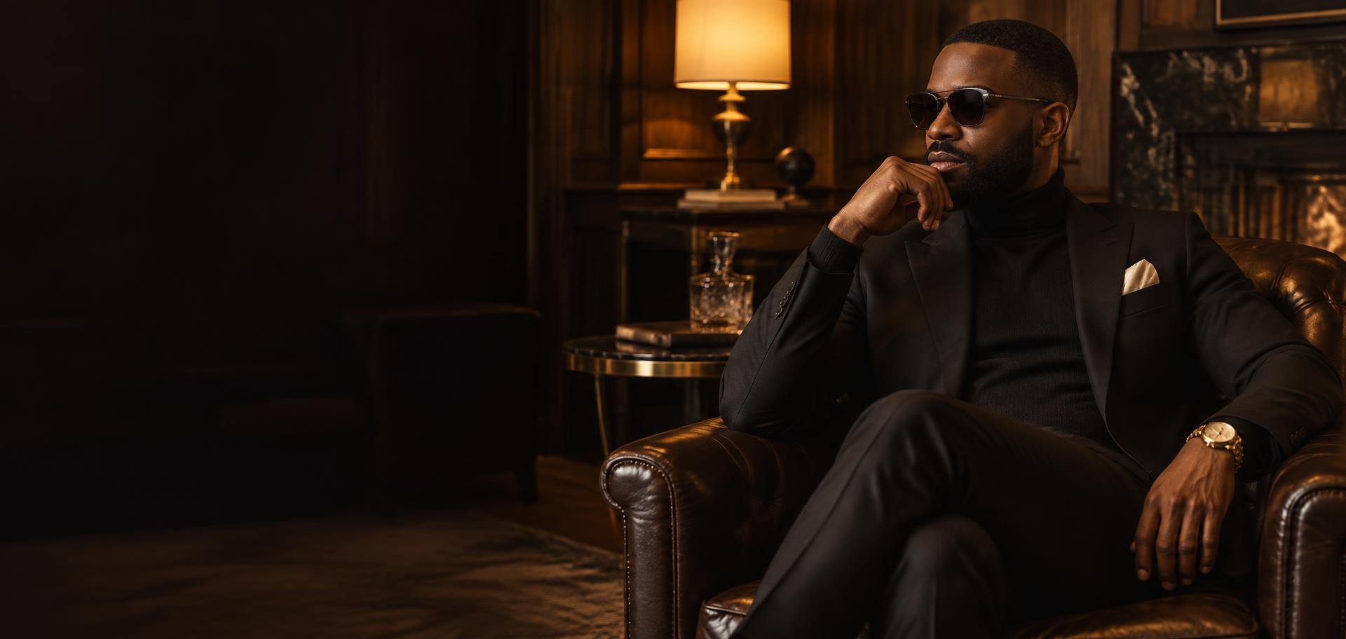Man in a tailored black suit seated in a warm luxury lounge